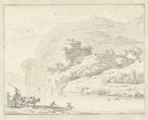 Olasz hegyi táj pásztorokkal és szarvasmarhákkal, valamint két figurával a folyón átkelő csónakban alkotó: Hendrik van der Straaten (attributed to)