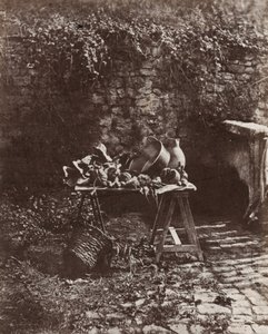 Csendélet: fazék, kancsó és zöldségek fűrészbakos asztalon, 1852 körül (fotó)