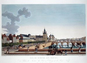 Kilátás a virágpiacra a Palais de Justice mellett, 1816-20 körül (színes metszet)