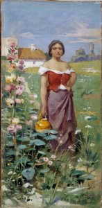 Camargaise egy kancsó Fiatal nő cigányba öltözve a mezőn. Adrien Henri Tanoux (1865-1923) festménye 20. század Kötelező említés: Collection fondation regards de Provence, Marseille