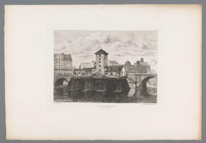 Gezicht op de Pont Notre-Dame A Pont Notre-Dame szivattyú (cím az objektumon) France etsen uit 1875 (sorozat címe) Rézkarc 1875-ben (sorozat címe) alkotó: Henri Alexandre Saffrey
