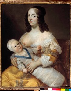 A leendő XIV. Lajos király (1638-1715) baba ábrázolása, fürdőruhában, ápolónője, Marie de Longuet de la Giraudiere karjában. A nő mellét felfedezték, és készen áll a gyermek szoptatására. Károly (1604-1692) és Henri (1603-1677) festménye