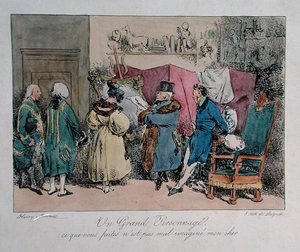 Egy híres személy: „Amit csinálsz, az nem olyan rosszul ábrázolva, kedvesem”, rajzfilm a „Vues de Paris, esquisses morales et philosophiques”-hez, metszett: Francois Seraphin Delpech (1778-1825) (színes litó)