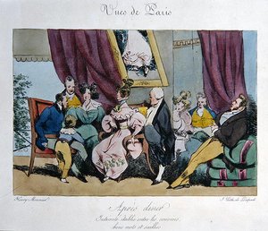 A vendégek viselkedésének és beszélgetésének humoros ábrázolása vacsora után, rajzfilm a „Vues de Paris, esquisses morales et philosophiques” számára, metszett: Francois Seraphin Delpech (1778-1825) (színes litó)
