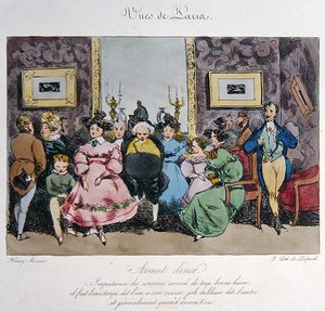 A vendégek vacsora előtti viselkedésének és beszélgetésének humoros ábrázolása, Francois Seraphin Delpech (1778-1825) metszete (színes litó)