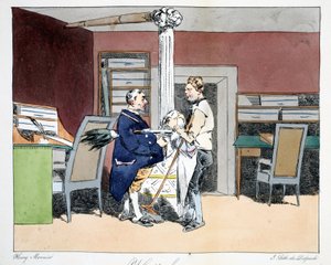 Nyolc óra, illusztráció Henri Monnier „Mores Administratives, Dessinées szerint természet szerint”, litográfiája: Delpech, pub. Párizs, 1828 körül (kézzel színezett litó) alkotó: Henri Bonaventure Monnier