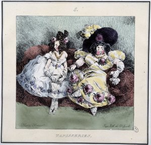 Csúnya nők, akik „” gobelin”-et csinálnak a nappaliban ülve – Henri Monnier „” Parisiennes-ében, szerk. Delpech, Párizs