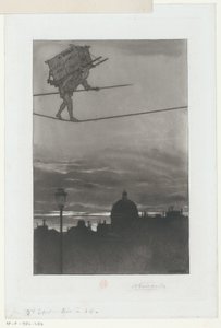 Kötéljáró csomaggal a hátán egy város felett Címlap ehhez: Henri Béraldi, Les Graveurs du XIXe siècle (...), 1888