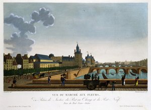 Kilátás a virágpiacra, a cserehídra és az új hídra – Courvoisier „” Vues de Paris”-ban alkotó: Henri Courvoisier-Voisin
