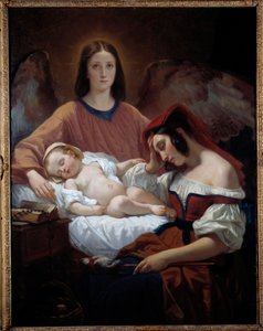 Az őrangyal Egy angyal vigyáz egy anyára és alvó gyermekére. Henri Decaisne (1799-1852) festménye