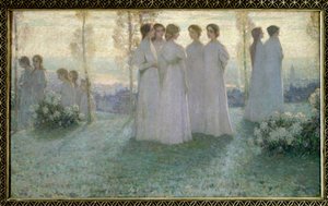 Vasárnap fehérbe öltözött nő beszélget a kertben – Henri Eugene (Henri-Eugene) Le Sidaner (1862-1939) festménye alkotó: Henri Eugene Augustin Le Sidaner