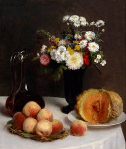 Csendélet virágokkal, gyümölcsökkel és bortartályokkal. alkotó: Henri Fantin-Latour