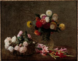 Dáliák és rózsák a kosárban Henri Fantin Latour festménye (Fantin-Latour alkotó: Ignace Henri Jean Fantin Latour
