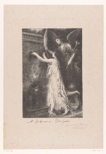 Az angyal és a hírnév megszemélyesítője tiszteletbeli koszorút visz Johannes Brahms sírjánál Á Johannes Brahms (cím a tárgyon) alkotó: Ignace Henri Jean Fantin Latour