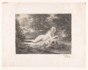 Nimfa vizeskancsóval egy erdei patak mellett La source dans les bois (cím a tárgyon) alkotó: Ignace Henri Jean Fantin Latour