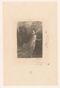 Nimf vlucht weg voor sater Éjjel a vándor nimfa Bukólik. Idillek és idilltöredékek. XXIV Gedichten van André Chénier (sorozat címe) Illusztrációk André Chénier verseihez (sorozat címe) alkotó: Ignace Henri Jean Fantin Latour