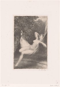 Sara meztelenül ringat egy függőágyban a víz felett Sara la Baigneuse Hector Berlioz élete és művei (sorozat címe) alkotó: Ignace Henri Jean Fantin Latour