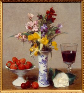 Eljegyzésnek nevezett csendélet Egy pohár vörösbor, egy csokor melanzs, cseresznye és eper. Henri Fantin Latour (Fantin-Latour) festménye (1836-1904) 1869 V. 0,32x0,29 m Grenoble, musee des Beaux Arts alkotó: Ignace Henri Jean Fantin Latour