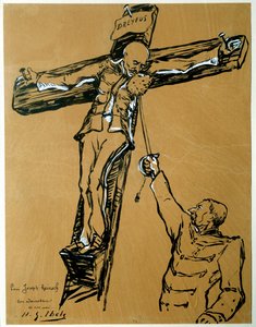 Szatíra a Dreyfus-ügyről: "" Dreyfus kapitány és Mercier tábornok (1833-1921): a Dreyfust elítélő hadügyminiszter a római katona helyett szivacsot nyújt a keresztre feszítő Dreyfus kapitánynak, hogy megtörölje az arcát" ” Kínai tinta és gouac alkotó: Henri Gabriel Ibels