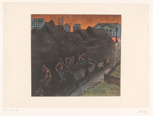 Négy bányász szenet lapátol a szekerekbe Au parc de charbon A Théâtre Libre előadásai (sorozat címe) Les Programs du Théâtre Libre (sorozat címe) alkotó: Henri Gabriel Ibels