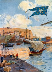 Kilátás a normandiai Dieppe városára, Jean Cousin francia felfedező idejében, a 15. század végén Gaston Henry Darien (1864-1926) illusztrációja Pierre Legendre „Notre epopee coloniale” című művéből