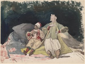 Két baba vagy bábok ülnek a párnákon alkotó: Henri-Joseph Harpignies