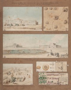 Hat nézet és rajz a líbiai Natron-tóról, az Andreossy tábornok vezette egyiptomi hadsereg felderítő küldetése során készült, 1799 (toll, tinta és wc papíron) alkotó: Pierre Joseph Redouté