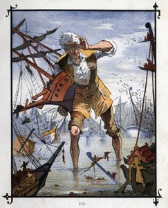 Lemuel Gulliver a Lilliput és Blefuscu hajói közötti tengeri csata közepén. Illusztráció a Gulliver utazásaihoz, Jonathan Swift (1667-1745)