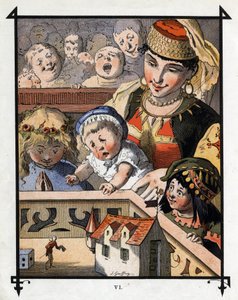 Lemuel Gulliver a brobdingnagi óriások földjén a gyerekek érdekessége. Illusztráció a Gulliver utazásaihoz, Jonathan Swift (1667-1745)