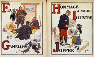 Tűz és rendetlenség ón, és tisztelgés Joffre marsall előtt, illusztráció az Alphabet de la Guerre-ből