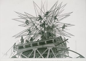 1900-as egyetemes kiállítás: A csillag felszerelése a Villamosenergia-palota tetején (metszet)