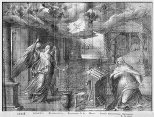 Krisztus élete, Angyali üdvözlet, gobelin-rajzfilm előkészítő tanulmánya a párizsi Saint-Merri templom számára, 1585-90 körül (pierre noire, mosás és fehér kiemelések a papíron)