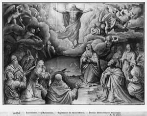 Krisztus élete, mennybemenetel, a párizsi Saint-Merri templom számára készült faliszőnyeg-karikatúra előkészítő tanulmánya, 1585-90 körül (pierre noire és mosás és fehér kiemelések, papír) alkotó: Henri Lerambert