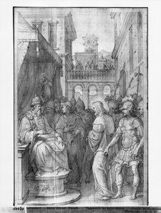Krisztus élete, Krisztus Heródes előtt, gobelin-rajzfilm előkészítő tanulmánya a párizsi Saint-Merri templom számára, 1585-90 körül (pierre noire, mosás és fehér kiemelések a papíron) alkotó: Henri Lerambert