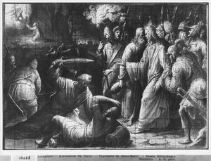 Krisztus élete, Krisztus letartóztatása, gobelin-rajzfilm előkészítő tanulmánya a párizsi Saint-Merri templom számára, 1585-90 körül (pierre noire und wash és fehér kiemelések a papíron) alkotó: Henri Lerambert