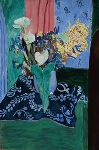 Arum, írisz és mimózák (Virágok kék vázában kék terítőn) alkotó: Henri Matisse