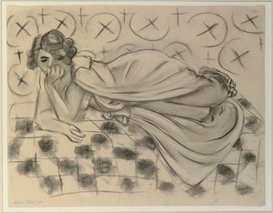 Fekete kockás kanapén fekvő, drapírozott figura alkotó: Henri Matisse