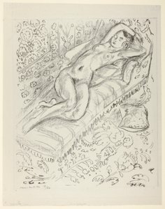 Pihenő akt heverőn, masrabíja-háttérrel alkotó: Henri Matisse