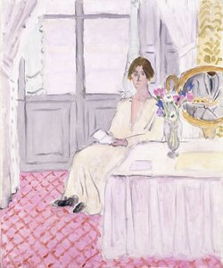 Nő olvasás előtt egy asztal és csokor, Szép alkotó: Henri Matisse