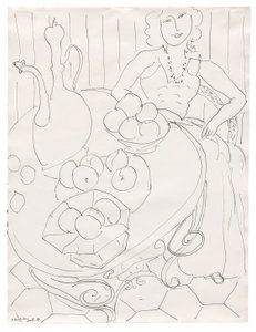 Egy asztalnál ülő nő gyümölcsökkel és kancsóval alkotó: Henri Matisse