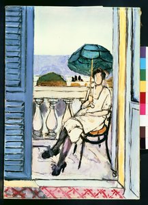Nő egy zöld napernyővel egy erkélyen alkotó: Henri Matisse