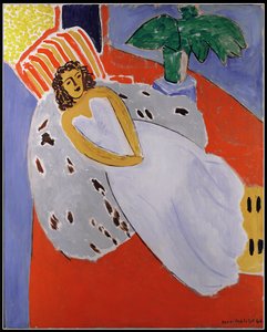 Fiatal nő fehérben, piros háttérrel alkotó: Henri Matisse