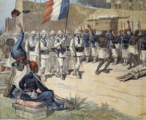 Dahomey-nál (ma Benin): a francia zászló bejegyzése Abomey-n – az 1892.10.12.-i „” Le Petit Journal”-ban alkotó: Henri Meyer