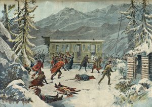 Indiánok támadása a vonat ellen, a Le tour du monde en 80 jours című műből, Párizs 1898 (metszet) alkotó: Henri Meyer