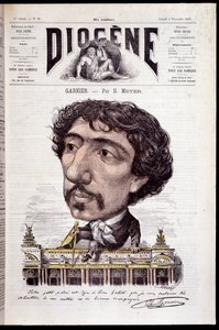 Karikatúra Charles Garnier-ről, aki művén, az Opera Garnier-n ül - a „Diogenész” című filmben 1867.11.02. alkotó: Henri Meyer