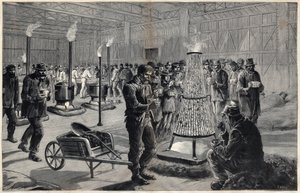 A Liberális Művészetek Palotájának éjjeli menedékhelye a Champs de Mars-ban 1891-ben – Henri Meyer rajza, Navellier metszete az 1891-es „Le journal illustrious”-ban alkotó: Henri Meyer