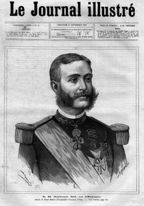 XII. Alfonz spanyol (Alphonse XII) (1857-1885), spanyol király portréja – A „The Illustrous Diary” címlapja 1883-ból – Henri Meyer (1844-1899) rajza alkotó: Henri Meyer