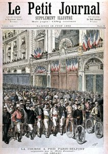 A PetitJournal által szervezett Párizs - Belfort futáson részt vevő tömeg rajtja az 1892.06.18-i „” Le petit Journal””-ban. alkotó: Henri Meyer