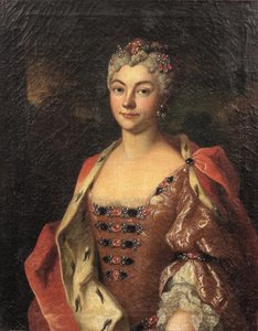 Nemesasszony portréja, félalakos, rózsaszín ruhában és hermelinszegélyes köntösben. alkotó: Henri Millot