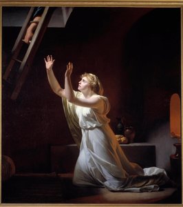 Egy vestal kínzása. Egy vestal, egy római pretress, akit a szűznek tartottak, élve beköltözött egy pincébe a vétke miatt. Henri Pierre Danloux (1753-1809) festménye 1790 V. 1,6x1,45 m - Egy vestal szűz kínzása. Egy vestal, római papnő, aki azért szőtt, hog